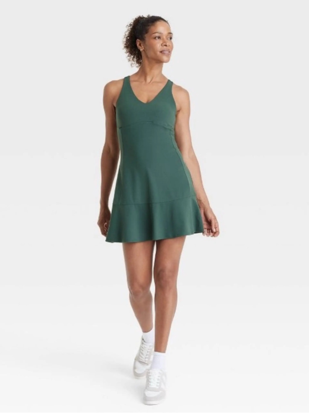Sleeveless V-Neck Flare Hem Dress In Forest Green